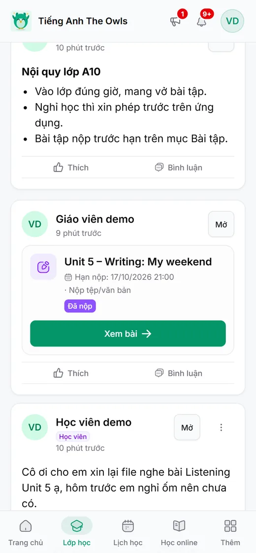 Bảng tin lớp trên điện thoại của học viên, bài tập đã nộp