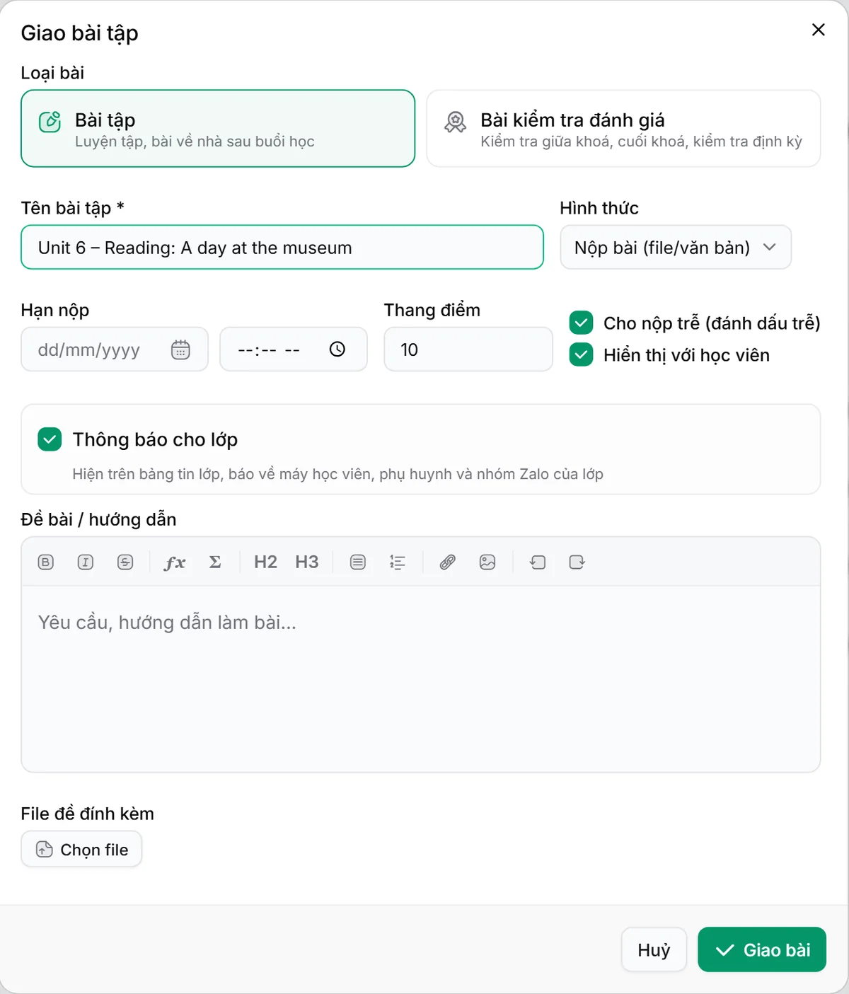 Hộp giao bài tập cho lớp với hạn nộp, thang điểm và thông báo cho lớp